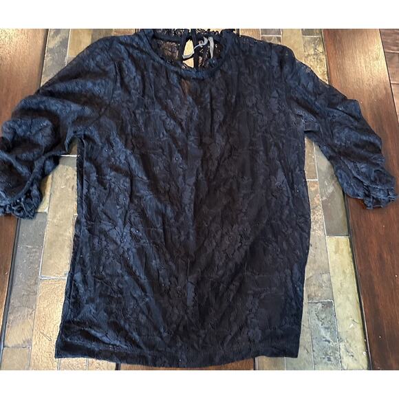Anthropology Black Lace Top Key Hole Back Button Ruffle Neck Sz Small Women - Picture 2 of 6